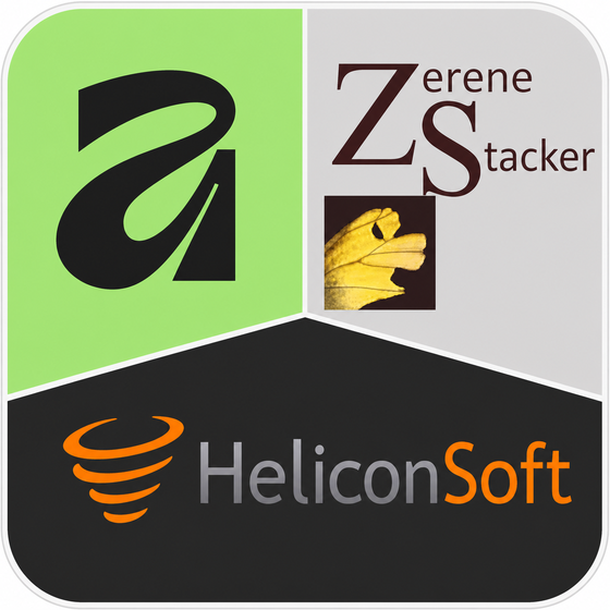 Logos of Affinity Photo, Zerene Stacker and HeliconSoft