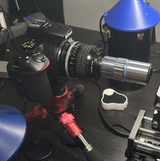Nikon camera fitted with a microscope objective for macro photography